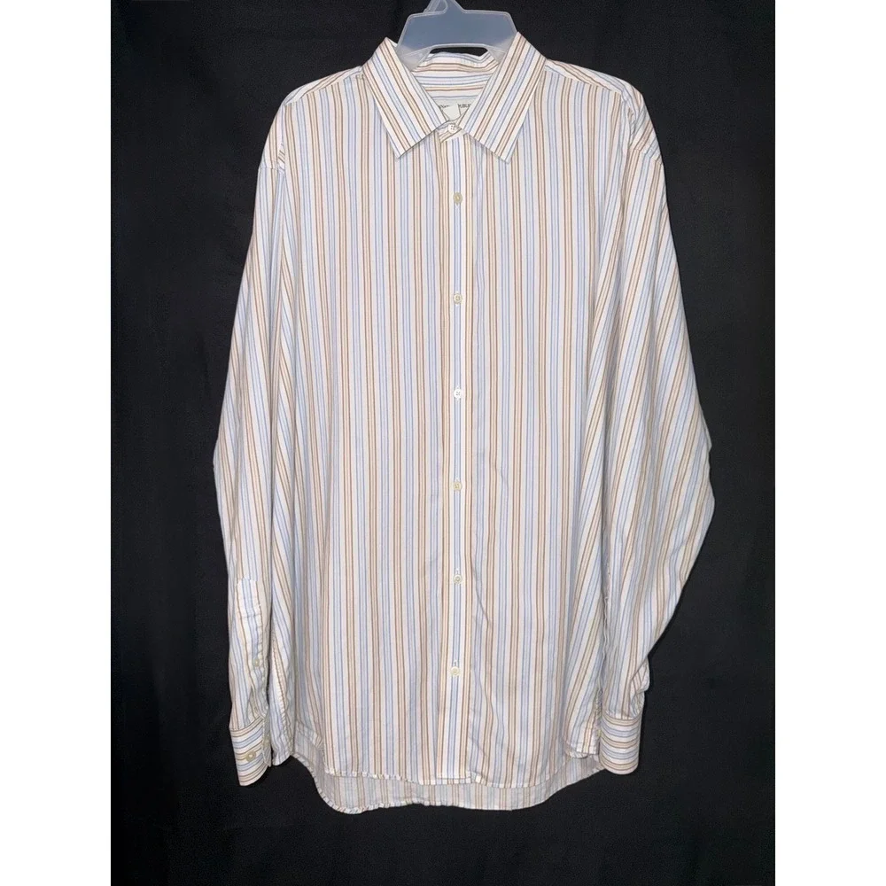 Banana Republic Mens XXL Blue Tan Striped Cotton Long Sleeve Button Down Shirt